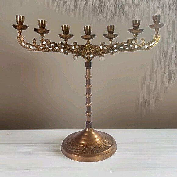 Large Vintage Gold Brass Phoenix Peacock 7-Light Candelabra Menorah - Picture 1 of 11